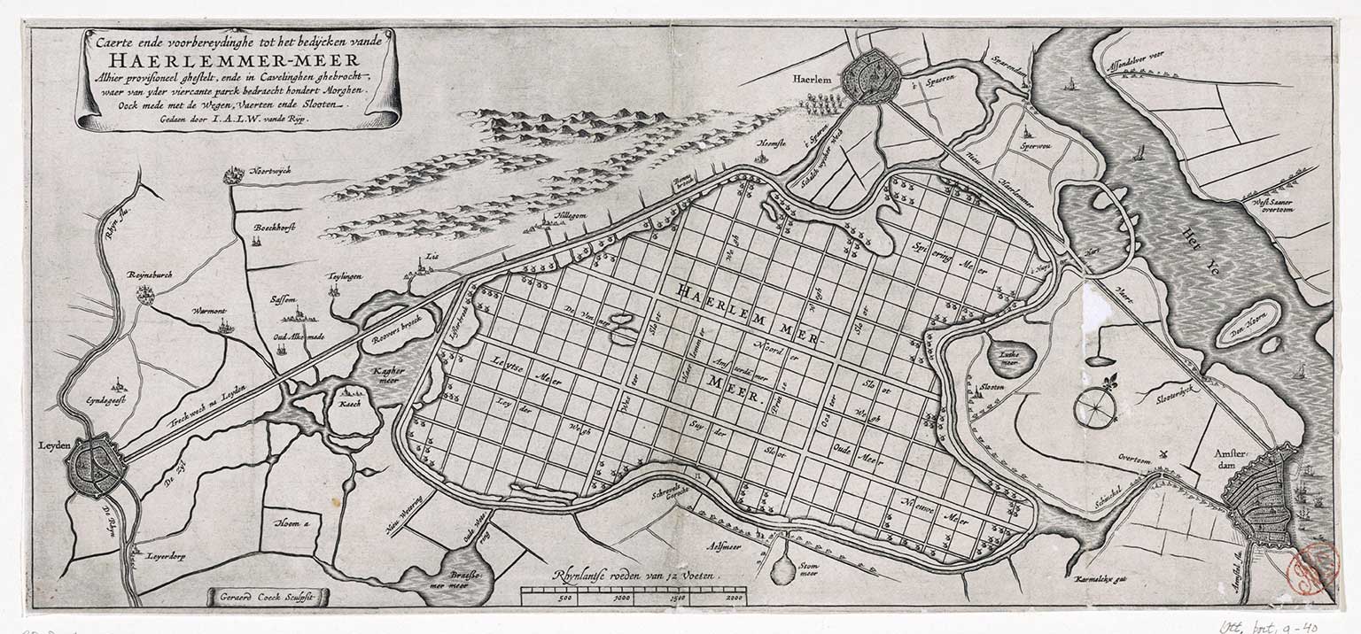 Kaart van de voorbereiding van de Haarlemmermeerpolder rond 1640