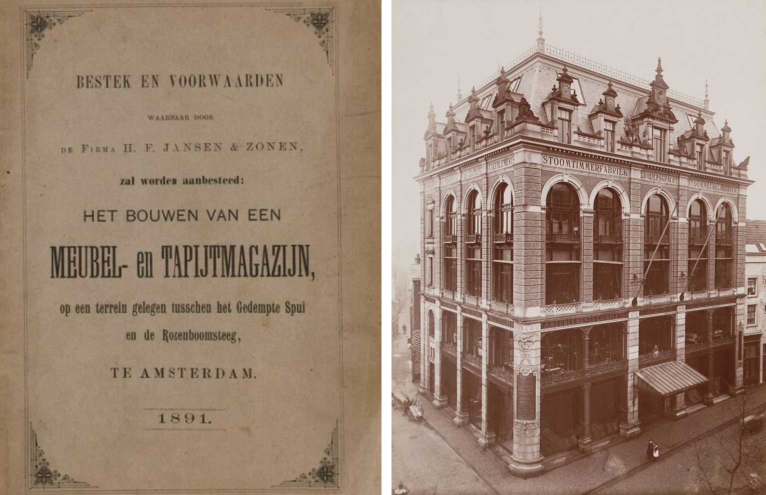 Bestek uit 1891 voor Spui 10A, Amsterdam, en foto van Max Büttinghausen uit 1900