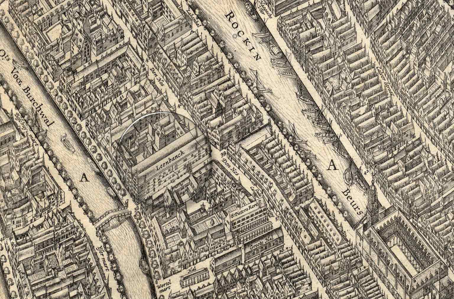 City Pawn Bank, Amsterdam, detail of a map from 1625