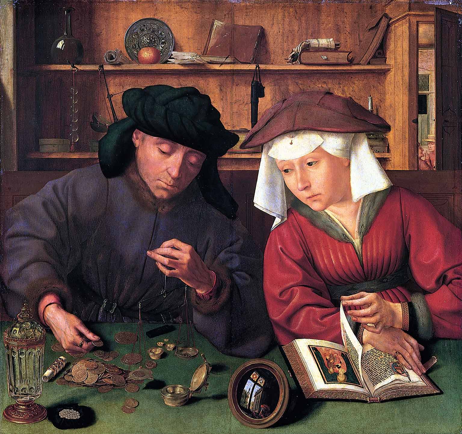 De geldwisselaar en zijn vrouw, schilderij uit 1514 van Quinten Massys in het Louvre, Parijs