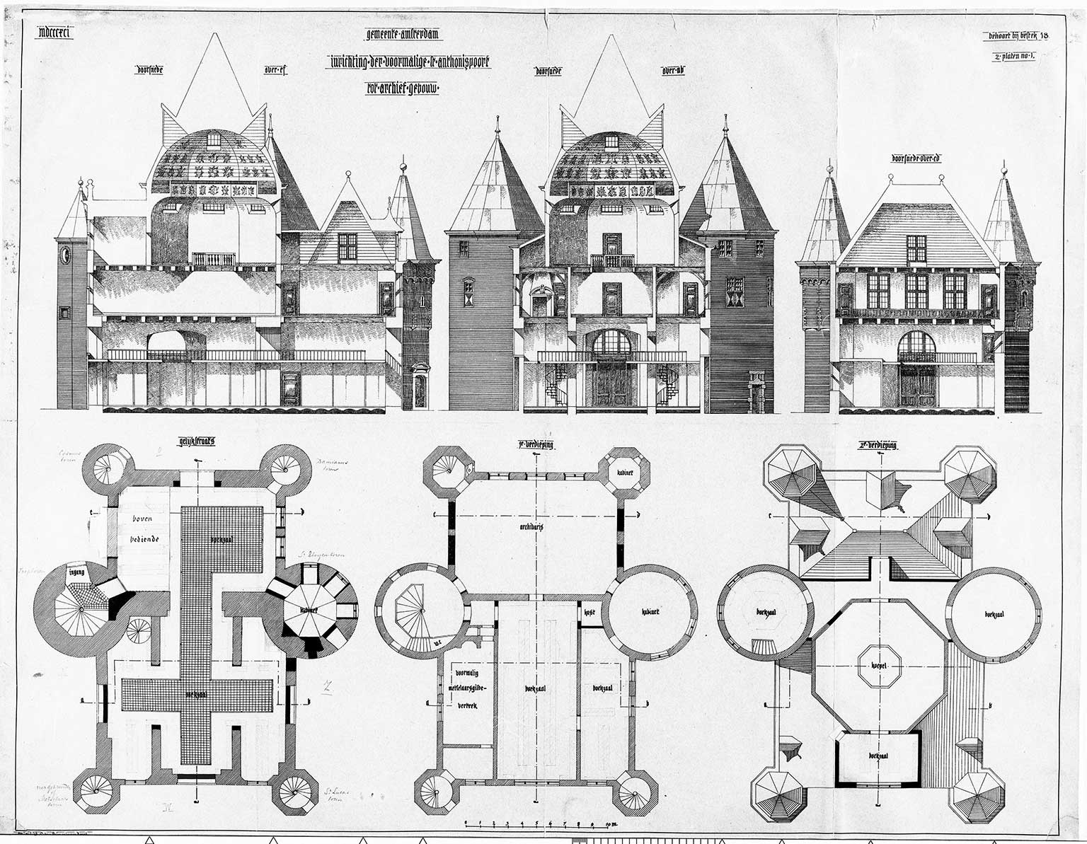 Building plan and cross-section of the Waag, Amsterdam, from 1892