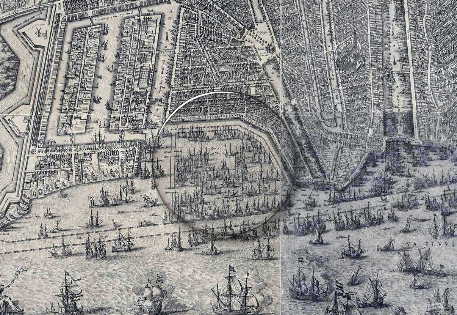 Oude Waal, Amsterdam, in 1625, detail of a map by Balthasar Florisz van Berckenrode