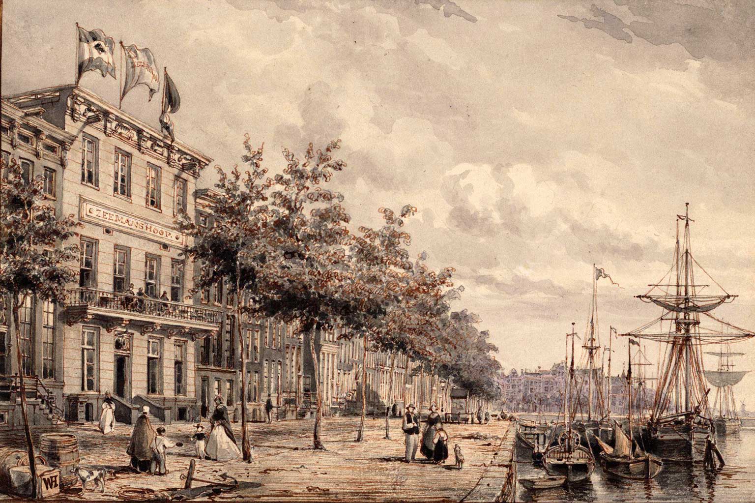 Zeemanshoop at Prins Hendrikkade 142, Amsterdam, around 1850, drawing by Willem Hekking