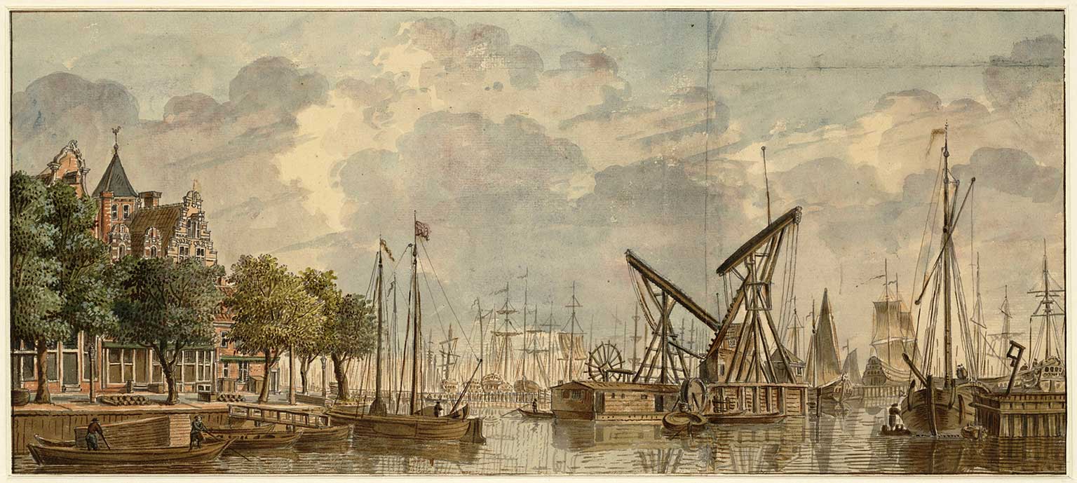 Prins Hendrikkade with ship cranes in the water of the IJ. Drawing from around 1760 by Jan de Beijer
