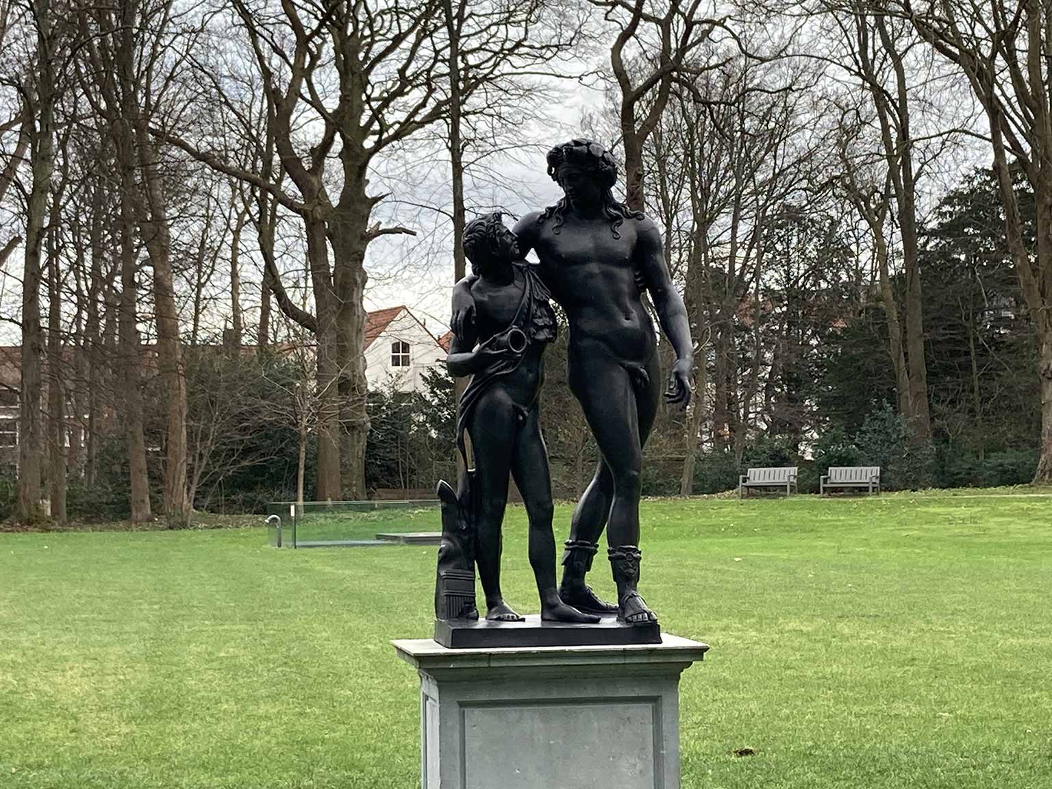 Sculpture of Bacchus and Ampelos by Francesco Righetti in the garden of Welgelegen, Haarlem
