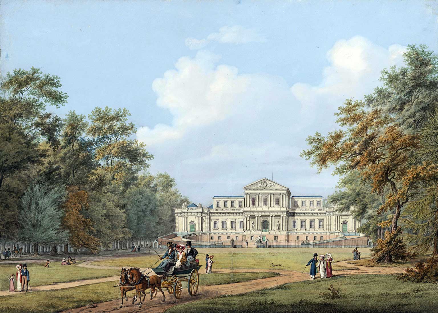 Gezicht op het Haarlemse paviljoen vanuit het park in 1815, door Frederik Christiaan Bierweiler