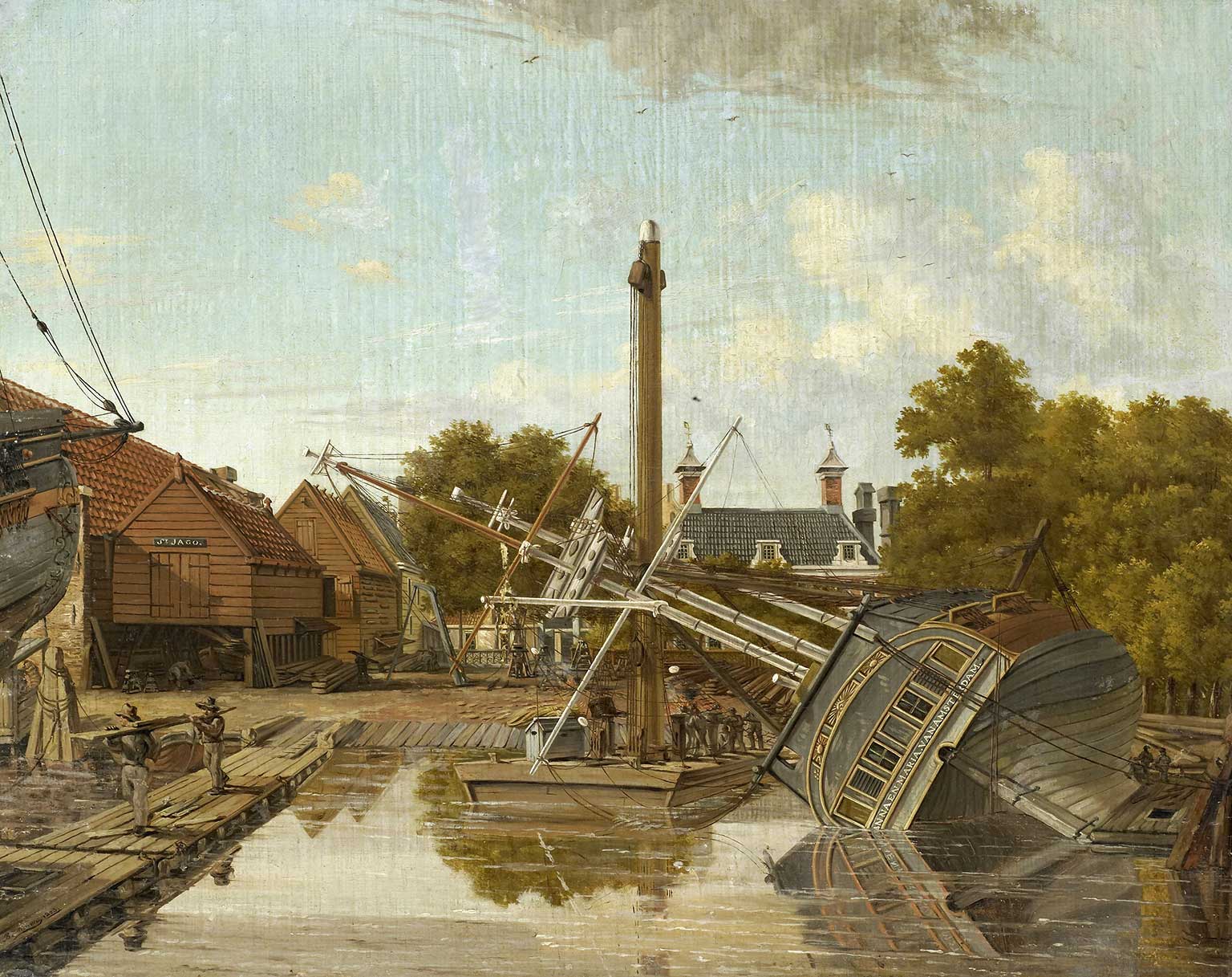 Painting of Shipyard St. Jago on Bickerseiland, Amsterdam, by Pieter Godfried Bertichen