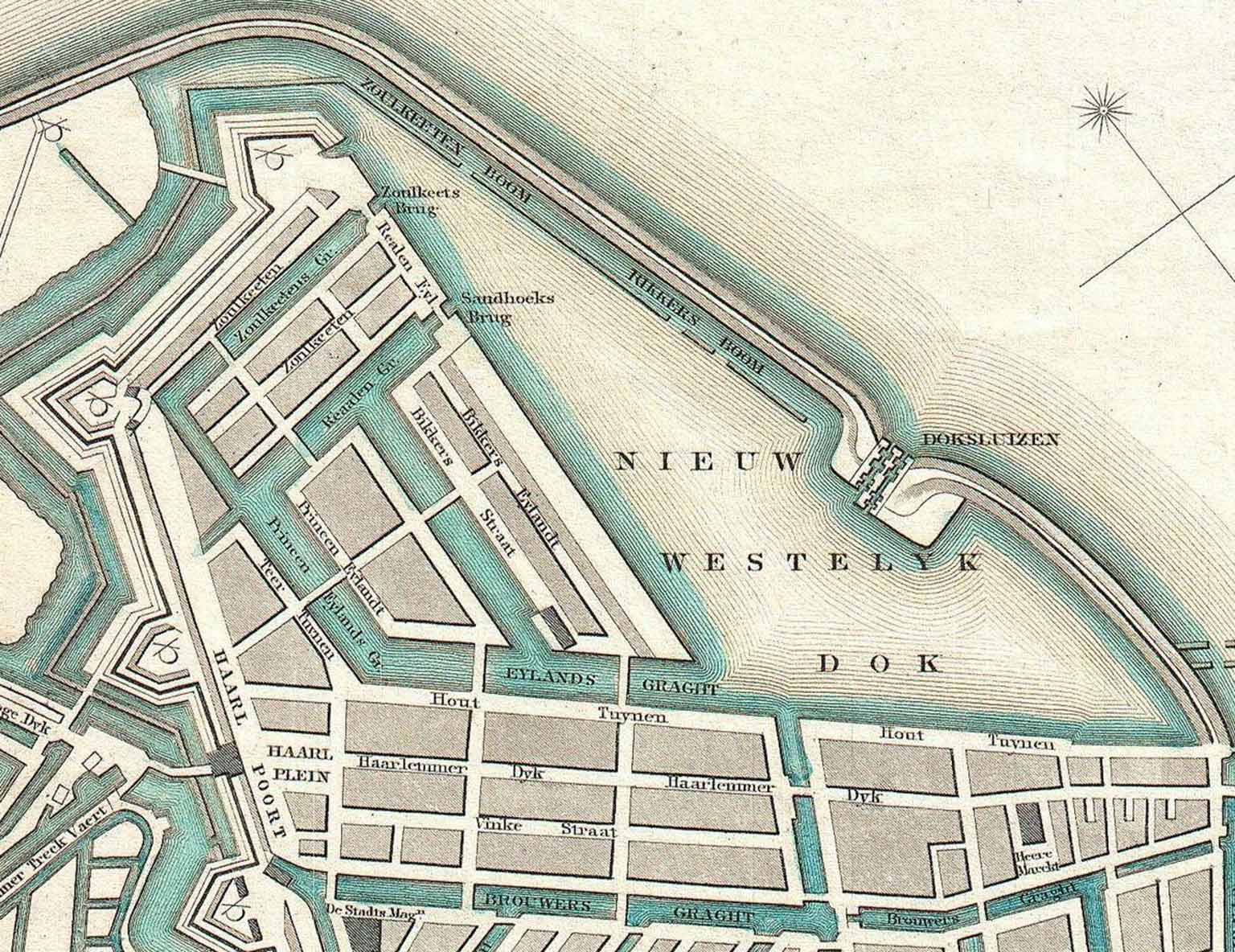 Detail van een kaart van W.B. Clarke uit 1835 van Amsterdam's Westelijke Eilanden