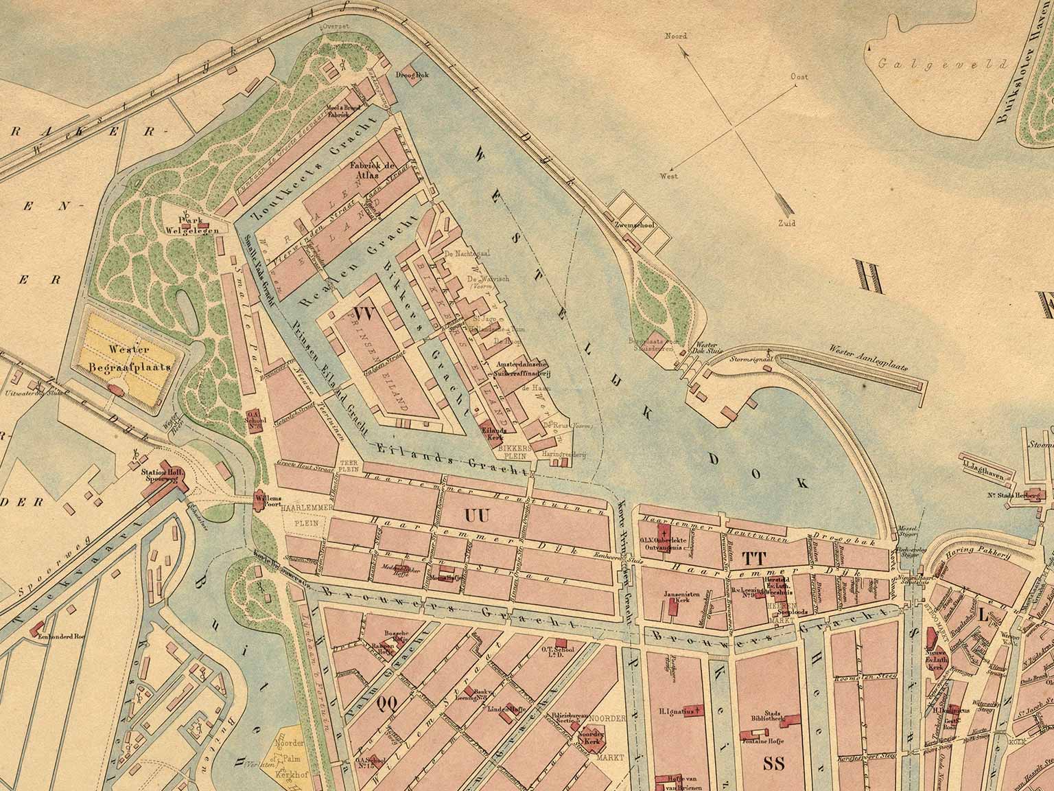 Westelijke Eilanden en de Westerdoksdijk, Amsterdam, op een kaart uit 1867