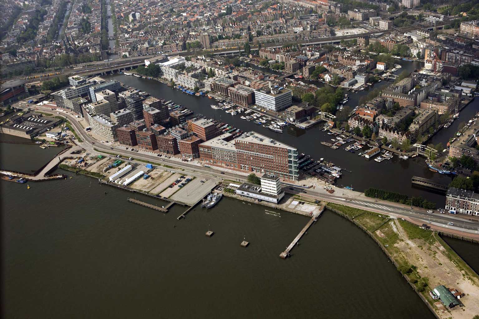 Aerial view of Westerdokseiland, Westerdok and Western Islands, Amsterdam