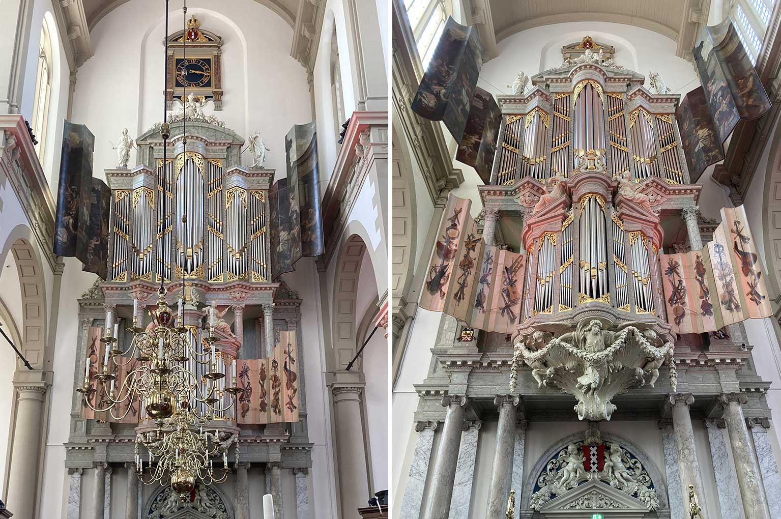 Twee foto's van het orgel uit 1686 in de Westerkerk, Amsterdam