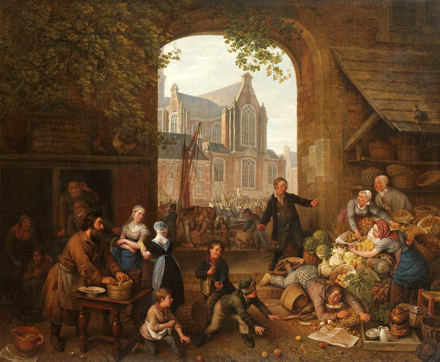 Dronkaards op de markt bij de Westerkerk, Amsterdam, schilderij van Peter Paul Joseph Noël uit 1821