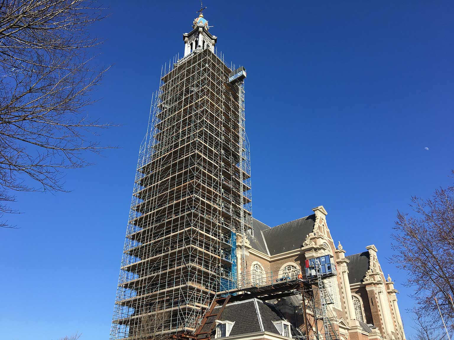 Westertoren, Amsterdam, covered in scaffolding for maintenance