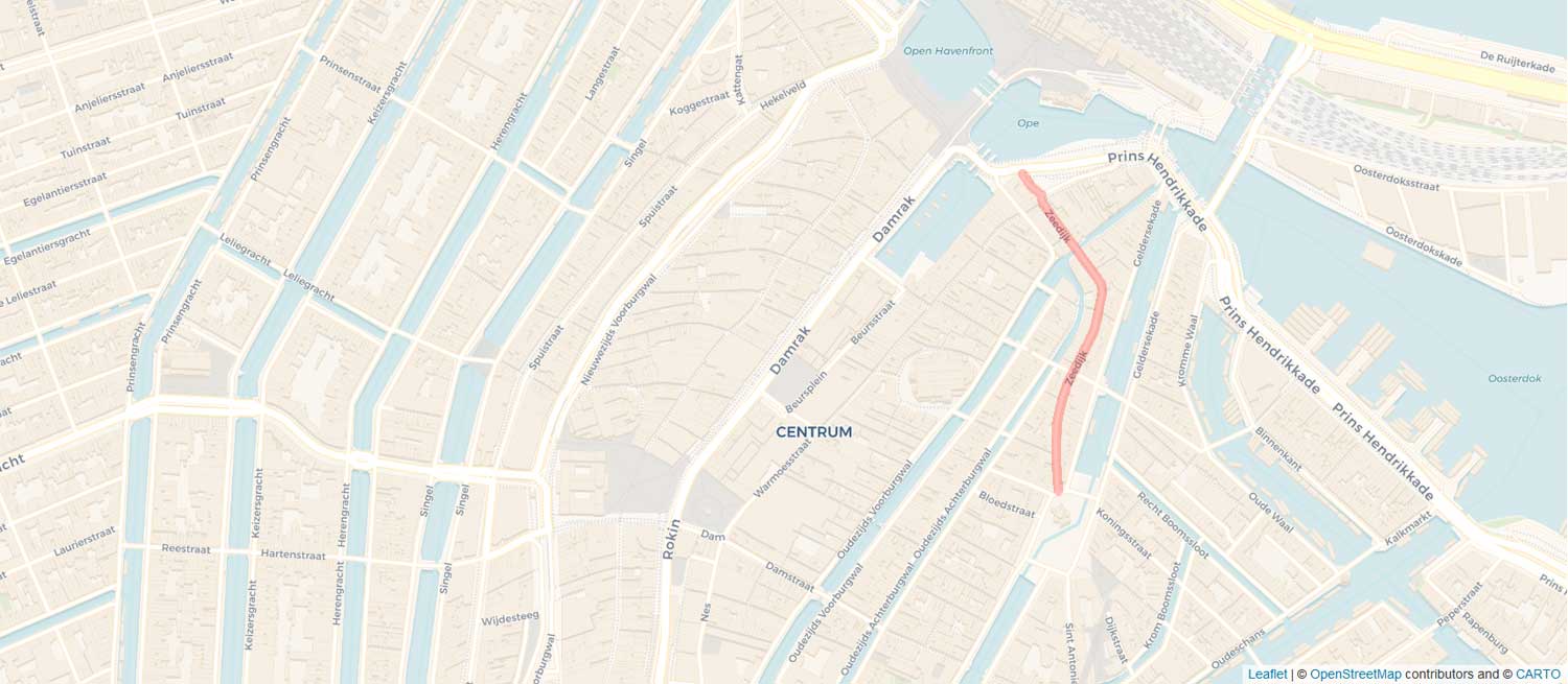 The location of the Zeedijk in Amsterdam's city center