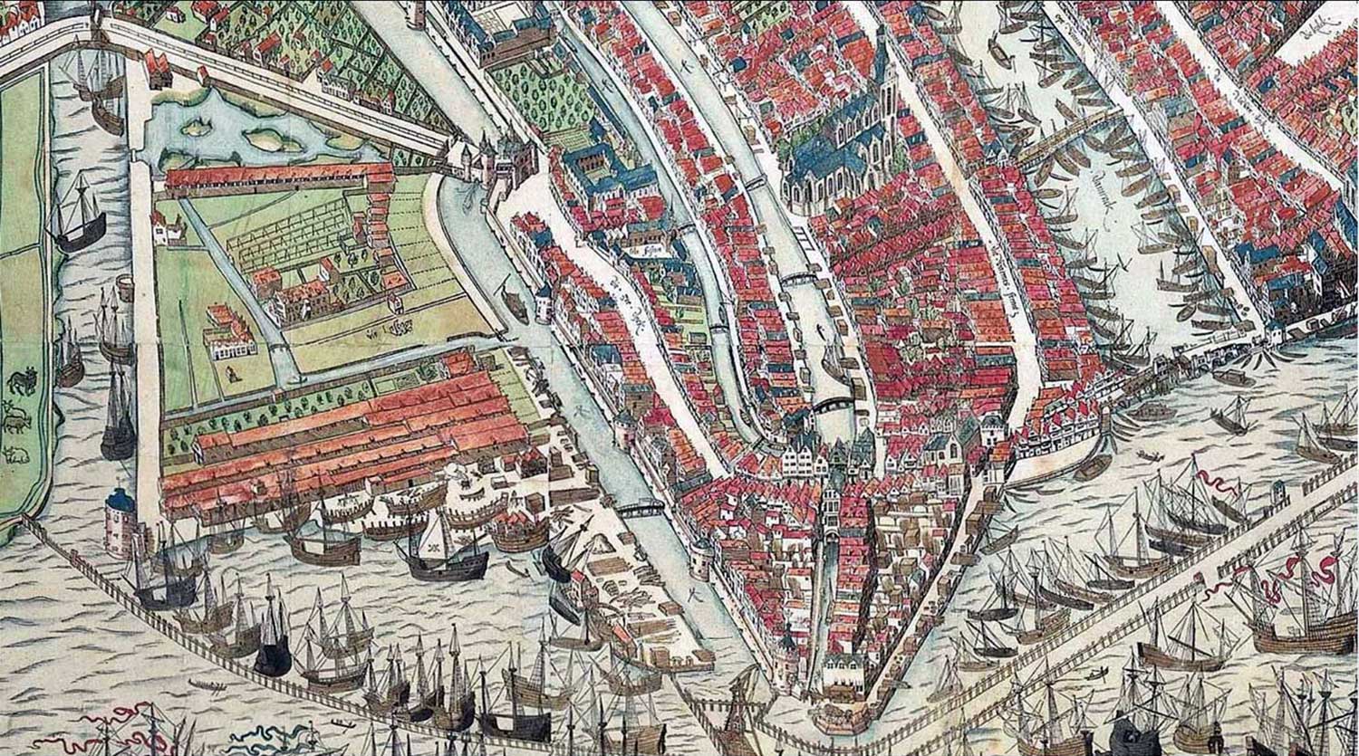 Detail of a map from 1544 by Cornelis Anthonisz, with the Zeedijk center left, running alongside the city wall
