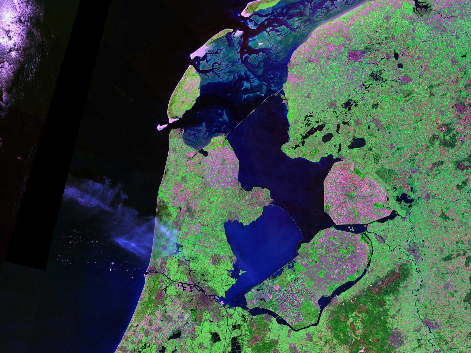 IJsselmeer with Afsluitdijk — 32 kilometres (20 mi) long, 90 metres (300 ft) wide, 7.25 metres (23.8 ft) above the sea level (ESA)