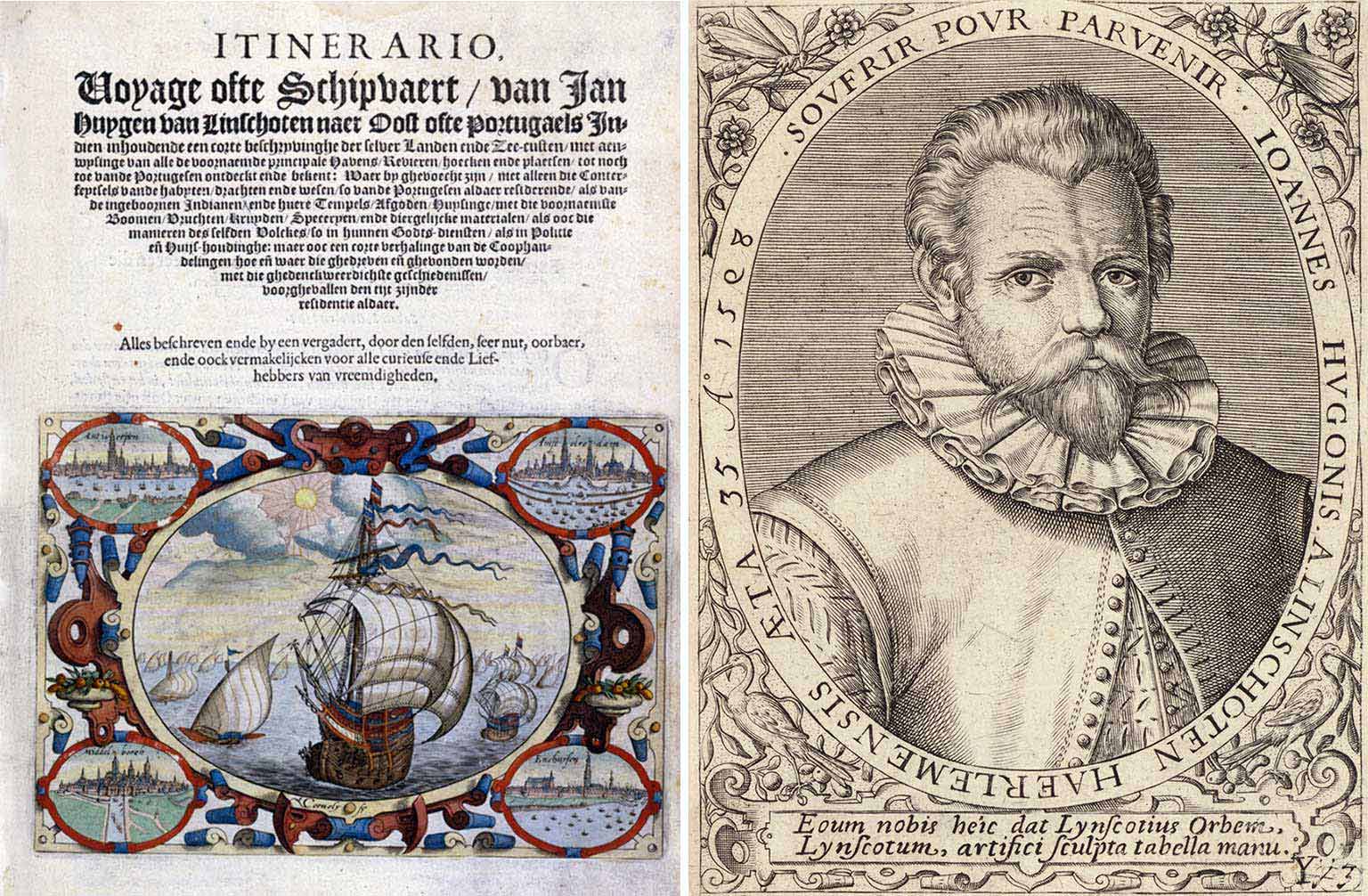 Eerste pagina uit de Itinerario en portret van Jan Huygen van Linschoten door Theodor de Bry